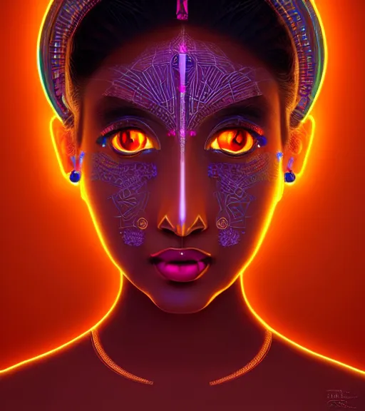 Image similar to symmetry!! indian princess of technology, solid cube of light, hard edges, product render retro - futuristic poster scifi, lasers and neon circuits, brown skin gorgeous indian princess, intricate, elegant, highly detailed, digital painting, artstation, concept art, smooth, sharp focus, illustration, dreamlike, art by artgerm