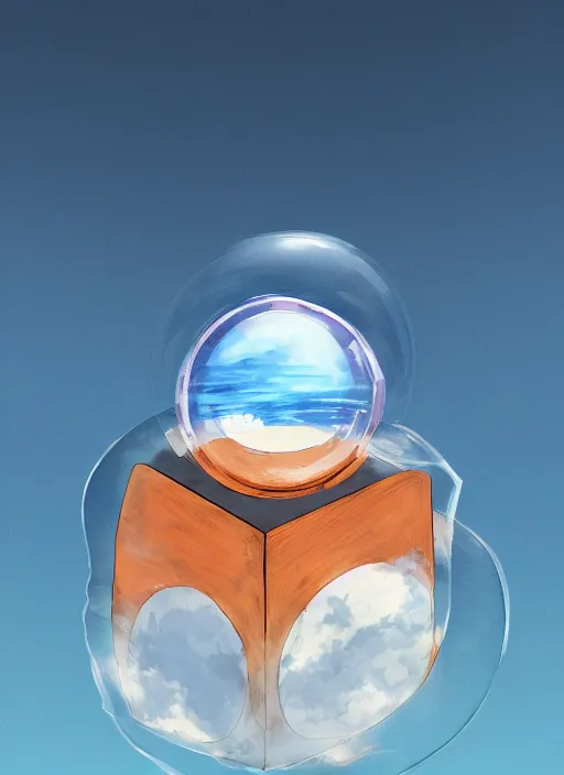 Image similar to an asymmetrical cell - shaded studio ghibli concept art study of a metal cube inside a transparent bubble in the sky. wide shot, very dull colors, hd, 4 k, hq