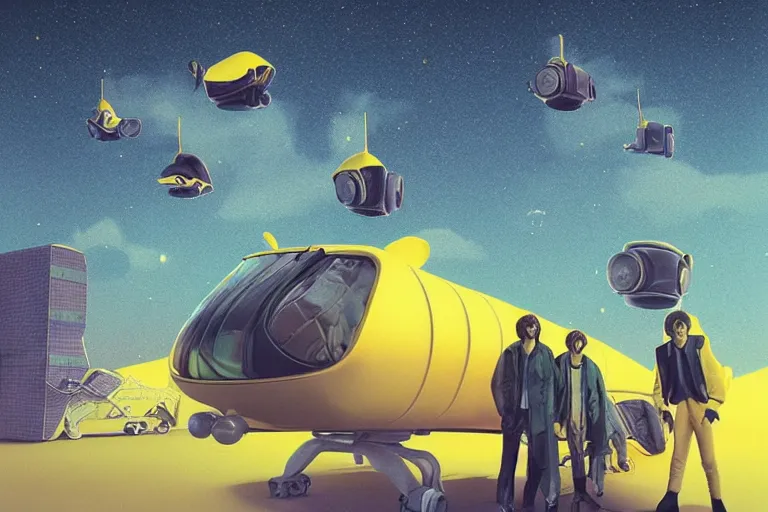 Image similar to the beatles on a yellow spaceship, art by mike winkelmann, trending on cgsociety, retrofuturism, darksynth, sci - fi