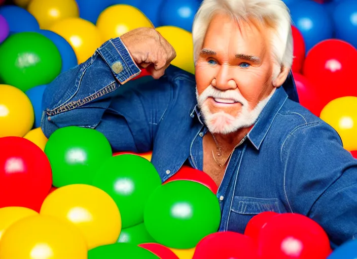 Image similar to photo still of kenny rogers in a ball pit filled with fried chicken!!!!!!!! at age 4 6 years old 4 6 years of age!!!!!!!! hiding from parents, 8 k, 8 5 mm f 1. 8, studio lighting, rim light, right side key light