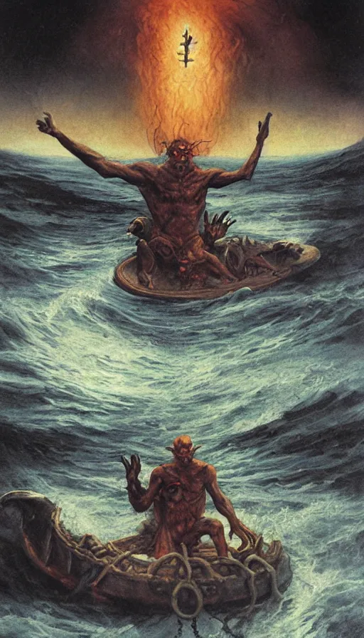 Prompt: man on boat crossing a body of water in hell with creatures in the water, sea of souls, by gerald brom,