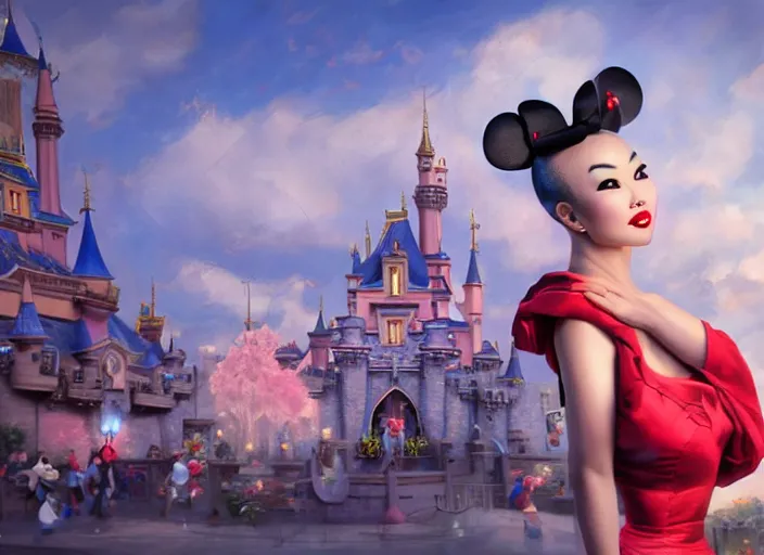 Prompt: beautiful bald chinese woman with pinup girl makeup at disneyland wearing mouse ears, night, epic cinematic hyperrealism masterpiece, realistic poster with shaded lighting by craig mallismo, artgerm, jeremy lipkin and michael garmash, unreal engine, radiant light, detailed and complex environment, octane photoreal 3 d render, art station trends