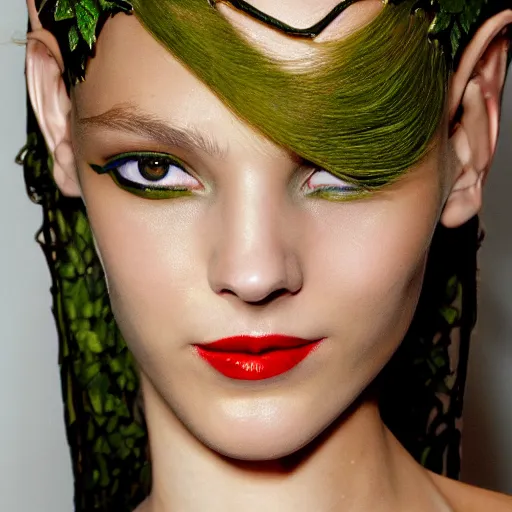 Image similar to A beautiful portrait of Daria Strokous smiling as Poison Ivy from Batman as a Versace fashion model Spring/Summer 2010, highly detailed, in the style of cinematic, Getty images, Milan fashion week backstage, Extreme close up, Makeup by Pat McGrath, Hair by Guido Palau, Greg rutkowski