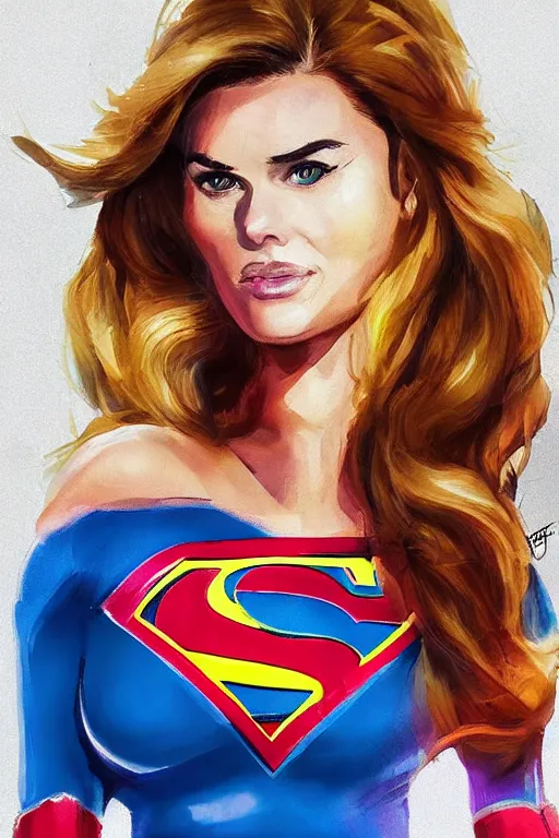 Image similar to portrait of a mix of beautiful young maria shriver, mariel hemmingway, brooke shields and elle macpherson as supergirl, thin lips, hair tied up in a pony tail, colorful artstation, cgsociety