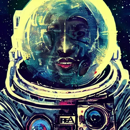 Image similar to an album cover of a man on the moon by Bill Sienkiewicz, afrofuturism, space art, cosmic horror, concept art, apocalypse art, Behance contest winner, featured on CG Society