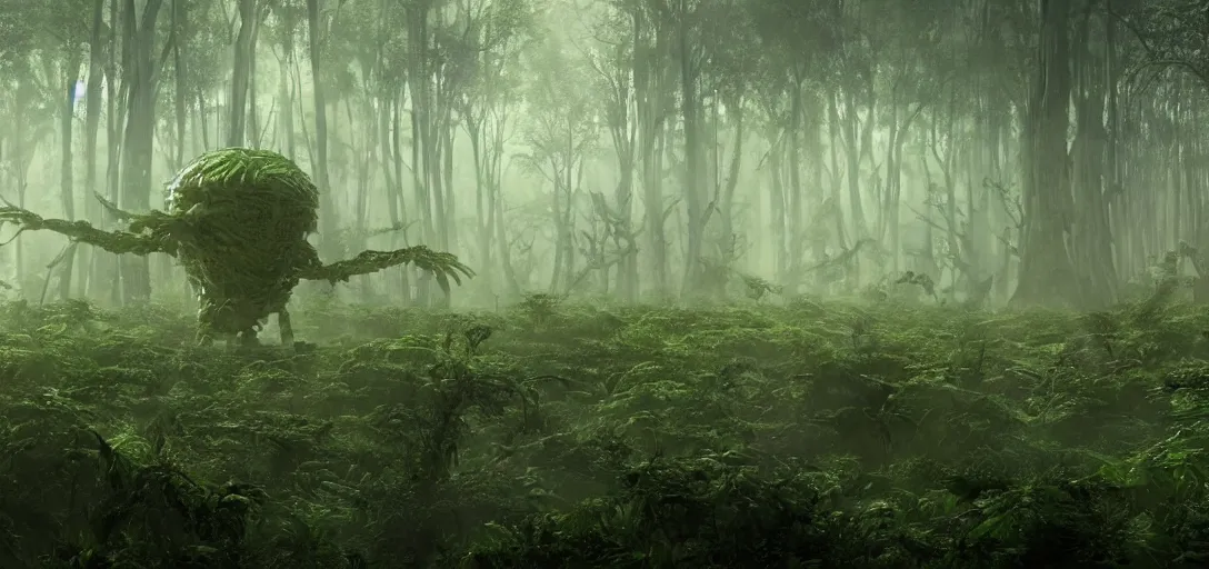 Image similar to a complex organic fractal 3 d metallic symbiotic ceramic humanoid megastructure creature in a swampy lush forest, foggy, cinematic shot, photo still from movie by denis villeneuve, wayne barlowe, sun rays