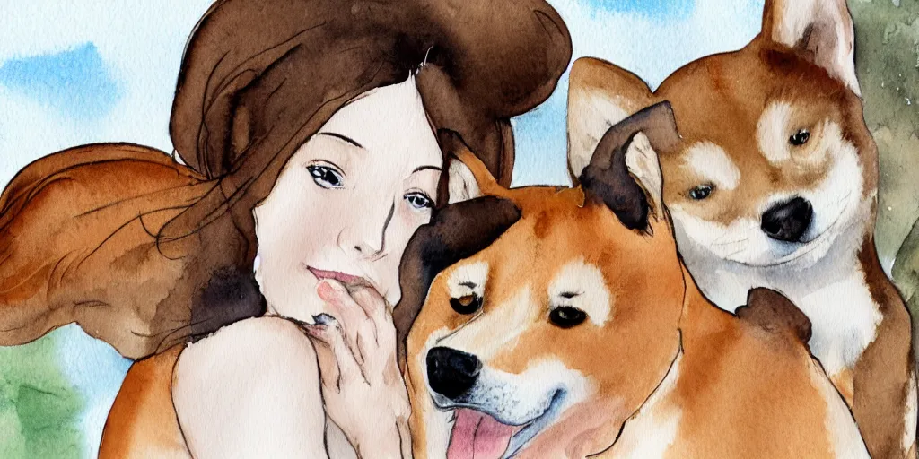 Prompt: a watercolor illustration of a girl with brown hair, hazel eyes and freckles, with a shiba inu