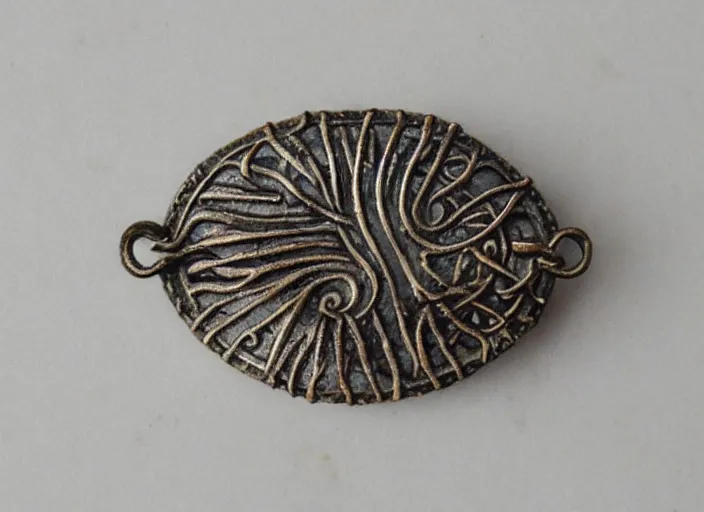 Prompt: “Scandinavian viking age bronze brooch, detailed”