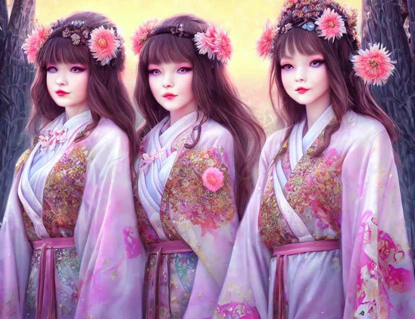 Image similar to two beautiful fashion siberian girls wear fantasy kimono in festival | | big eyes, sunny, dreamlike art, realistic shaded, smile, good looking, hyper details, 4 k realistic, cryengine, realistic shaded lighting poster by artgerm, ross tran, fuji choko, loish, 8 k resolution, trending on artstation, luxury