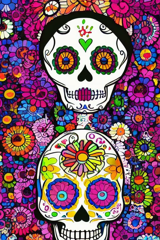 Prompt: illustration of a sugar skull day of the dead girl, art by takashi murakami