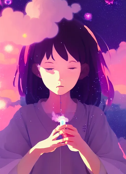 Image similar to portrait of a very cute girl blowing a vape cloud of psychedelic galaxies, smoke made of stars, white background, illustration concept art anime key visual, very trippy and abstract, trending pixiv fanbox by wlop and greg rutkowski and makoto shinkai and studio ghibli and kyoto animation