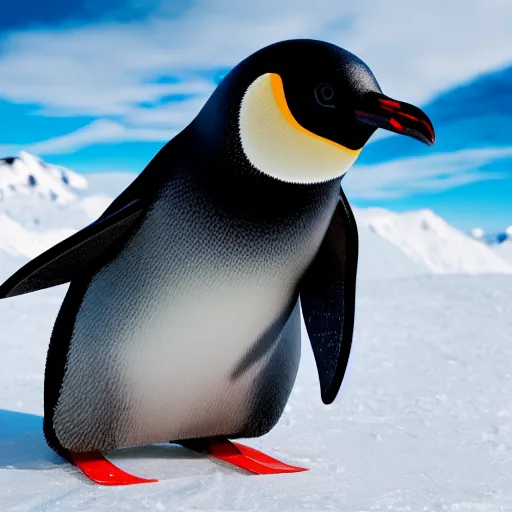 Image similar to ultrawide angle photograph of a snowboarding penguin, extremely detailed. the very detailed penguin is wearing a helmet and snowgoggles. the snowboard he is riding is red and made by burton, 8 k