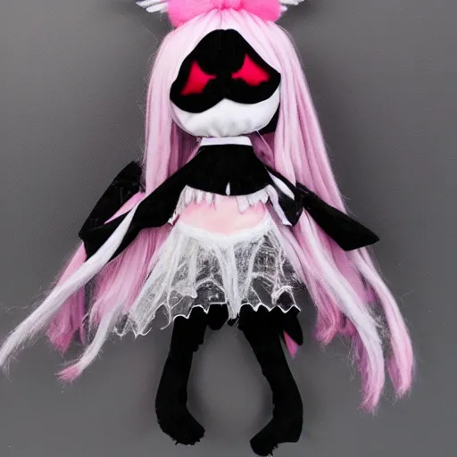 Prompt: cute fumo plush of the nightmare princess, gothic regal and tattered black, broken hearts, tragic wraith, vray, web of tendrils, arachnid