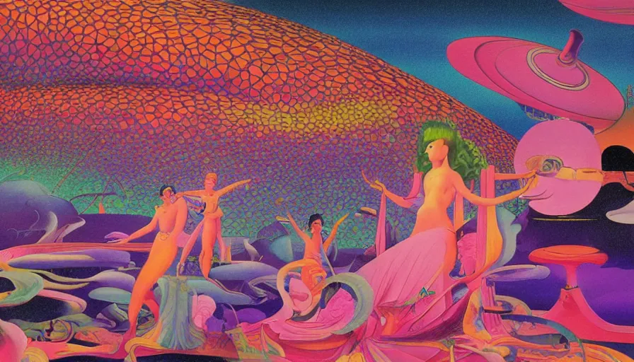 Prompt: musical goddess performing in the dome outside Osaka, surrealist psychedelic collage painting in the style of Magritte, Roger Dean, Yoshio Awazu, muted deep neon color