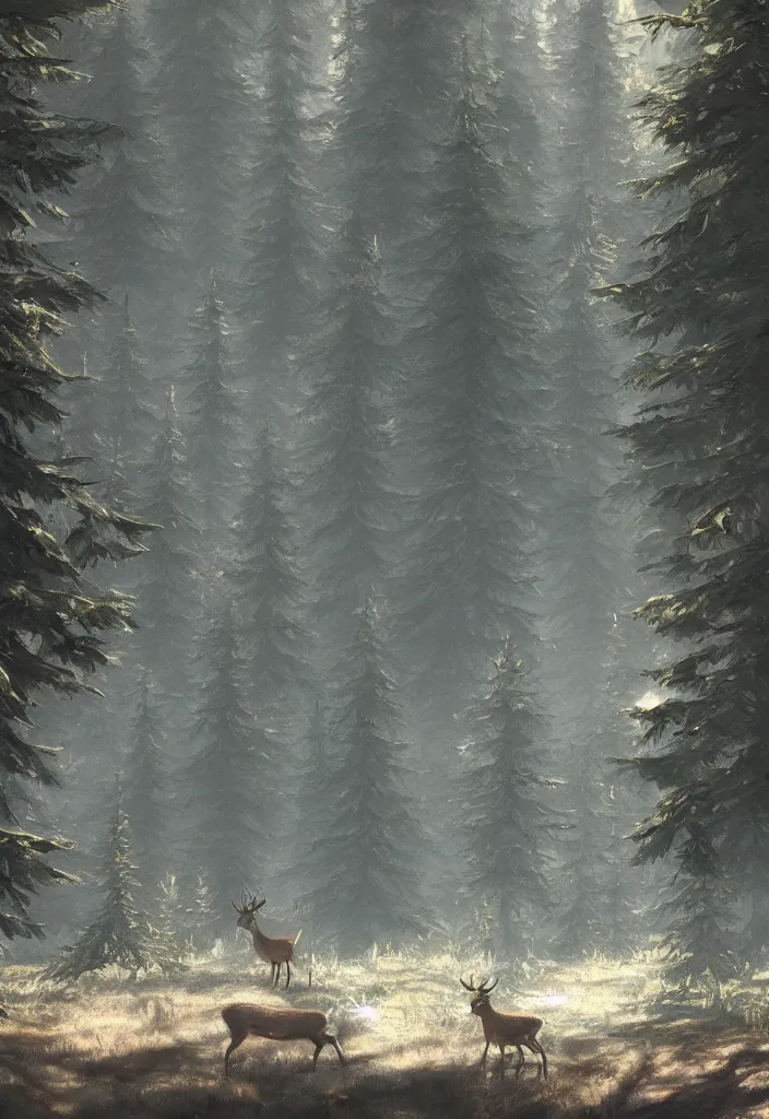 Prompt: deer on the background of a tall spruce forest, painting by Craig Mullins, octane rendering, soft morning lighting, wide angle lens, in the style of Hayao Miyazaki, trending on artstation,