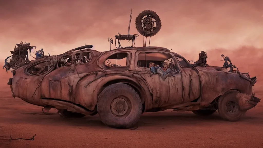 Image similar to pixar cars in mad max fury road, cartoon eyes, war boys, furiosa, explosions, imax