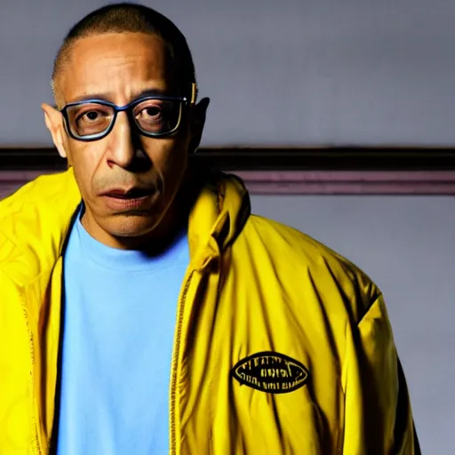 Image similar to gus fring in a blue varsity jacket with yellow sleeves, still from breaking bad