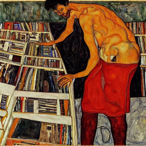 Image similar to Moodymann browsing a crate of records, oil on canvas, by Egon Schiele