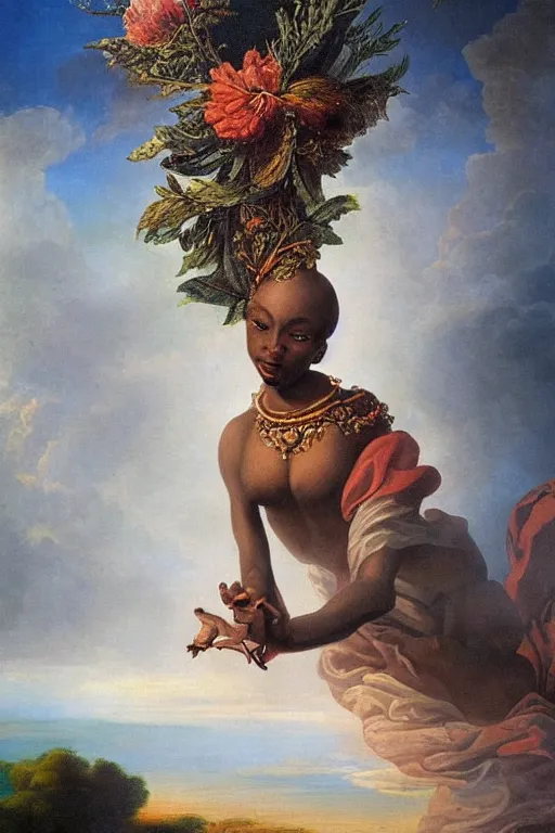 Prompt: baroque painting of african mother nature floating through the sky, inspired by gustav moreau and wayne barlow, exquisite detail, hyper realism, ornate, exquisite detail