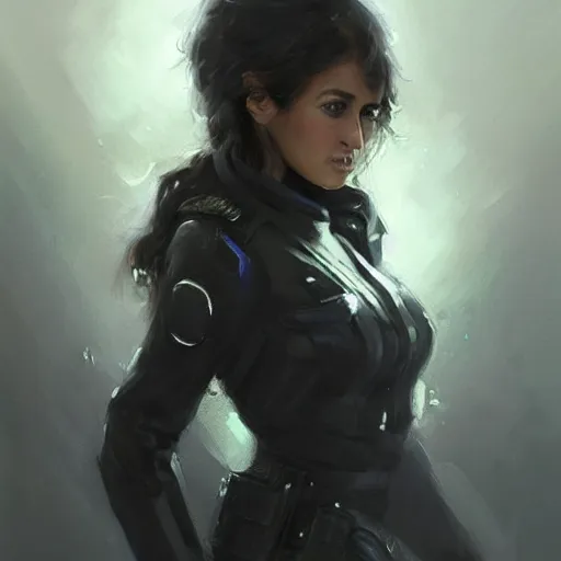 Prompt: Portrait of a woman by Greg Rutkowski, she is about 30 years old, black wavy hair with bangs, her features are a mix between French, Turkish and Russian, younger sister vibes, she is wearing a futuristic police gear, highly detailed portrait, digital painting, artstation, concept art, smooth, sharp foccus ilustration, Artstation HQ.