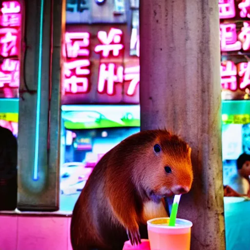 Image similar to capybara drinking bubble tea in cyberpunk, neon, pink and cyan seoul, detailed, street photography