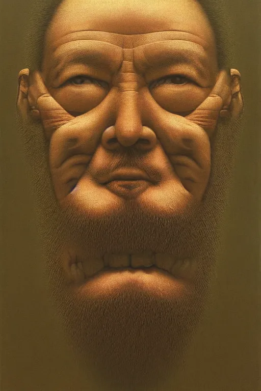 Image similar to ascii art, hyperrealism oil painting, portrait scary ai weiwei style zdzislaw beksinski