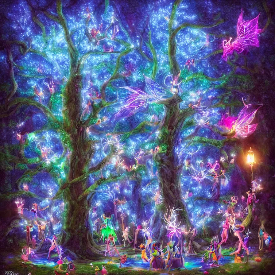 Image similar to a night carnival fairies around a magical tree next to a lake with iridiscent water, christmas lights, volumetric lightning, creatures and fantastic people disguised as fantastic creatures in a magical forest by summer night, masterpieceunderwater scene, masterpiece painted by kelton nelson, scene by night