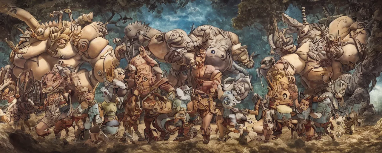 Image similar to ancient javanese cyborg Nidoking (Pokémon) family portrait,Hayao Miyazaki\'s movies,Studio Ghibli\'s mastery of color grading and detail,insanely detailed and intricate,realistic octane 3D,hyper realistic,complex scene,golden Ratio,ArtStation,UHQ,hires textures,detailed real expression on every face,dnd art,mtg art,dramatic,breathtaking maximalist painting by Bouguereau and Gurney