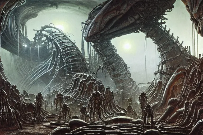 Prompt: Epic science fiction cavescape. In the foreground is soldiers in battle-armor searching, in the background alien machinery and alien eggs. The skeleton of a gigantic alien machine creature is between them. Stunning lighting, sharp focus, extremely detailed intricate painting inspired by H.R. Giger and Gerald Brom