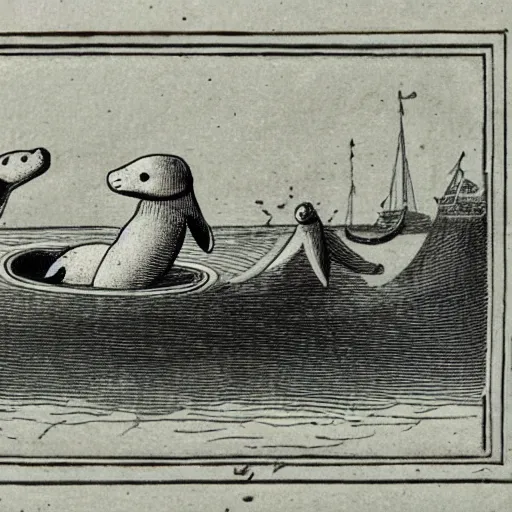 Prompt: baby seals sailing on boat, engraving from 1750