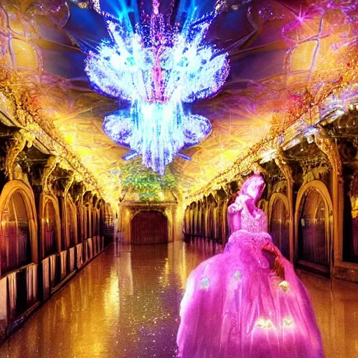 Prompt: crystal palace, magical, fantasy, glowy, light, prince and princess