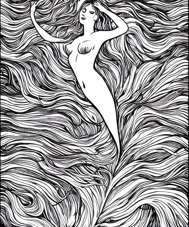 Image similar to black and white illustration, creative design, beautiful mermaid, full body, swimming in ocean