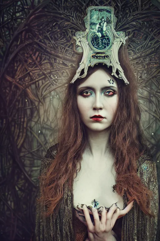 Image similar to Cinestill 50d, 8K, highly detailed, major arcana H.R Giger art nouveau nightmare Agnieszka Lorek tarot star card style 3/4 closeup portrait, eye contact, focus on model, tilt shift background: famous major arcana tarot remake, transformation scene