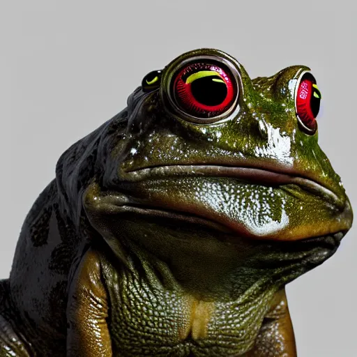 Image similar to photograph of wonderful batman cane toad with smooth froggy batsuit, alluring hero pose, its just a frog wearing a costume, painterly, breathtaking stande, triumphant, ornate, intricate, hyper detailed, accent lighting, dramatic light, 4 k octane render