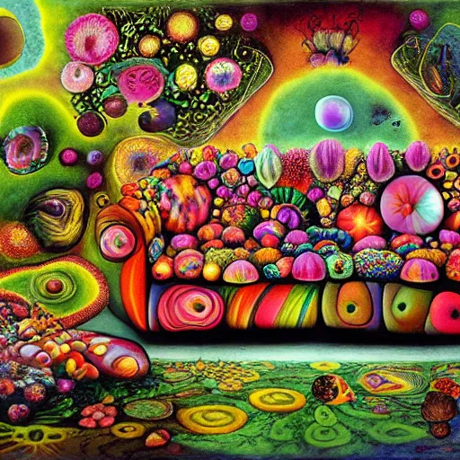 Image similar to psychedelic trippy couch in forest, planets, flowers, mushrooms milky way, sofa, cartoon by giuseppe arcimboldo