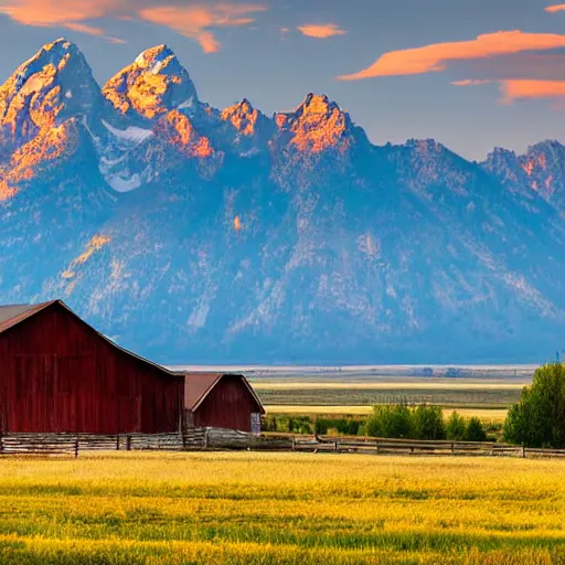 Image similar to a panoramic painting of the grand tetons with warm morning light shining on the mountains and a barn from mormon row in the forground