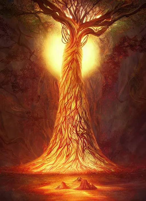 Prompt: a giant glowing tree with a massive goddess ripping out of it, elden ring art, digital art, award winning