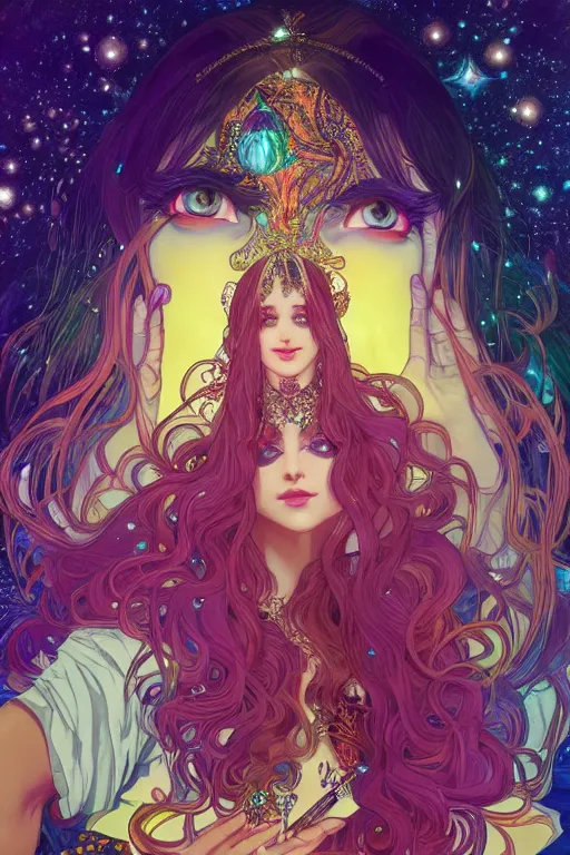 Image similar to psychedelic, intricate, highly detailed, anime, 4k, beautiful seductive woman holding a crystal containing the universe, with professional makeup, long trippy hair, surrounded by gems, underneath the stars, trending on patreon, deviantart, twitter, artstation, volumetric lighting, heavy contrast, by artgerm and Ilya Kuvshinov and alphonse mucha