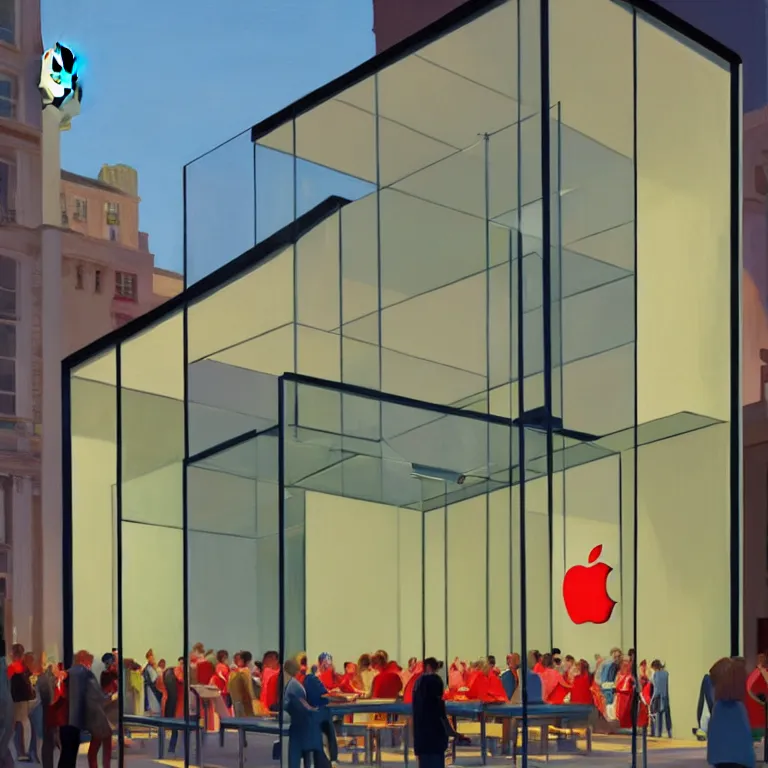 Prompt: apple store opening day in London, painted by Edward Hopper, painted by James Gilleard, airbrush