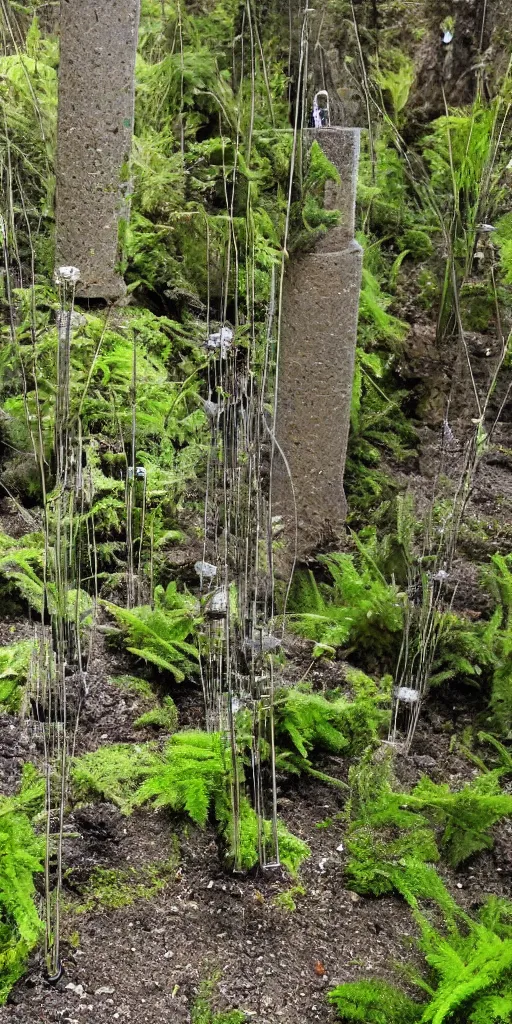 Prompt: tall and slender concrete rods emerge out of the gravel. Moss and ferns grow from holes in the rods. The rods are clustered very close together and stand straight and tall.