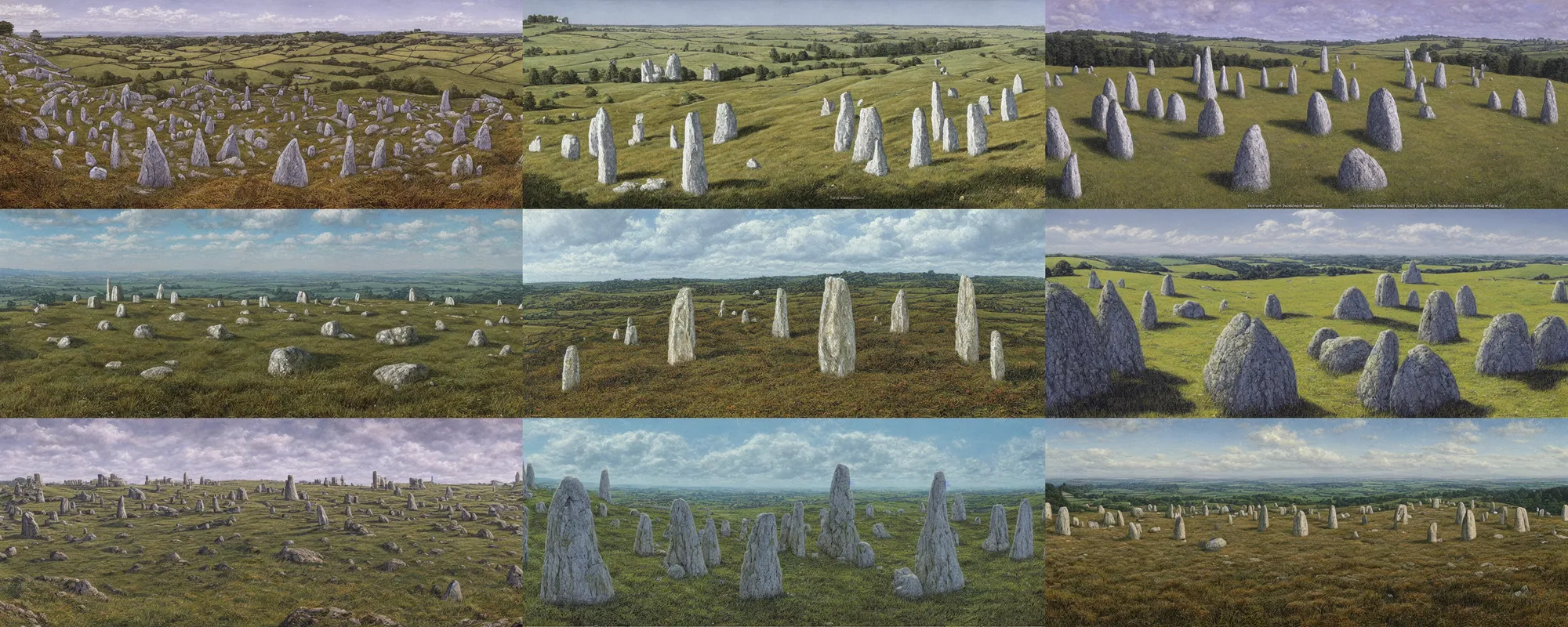 Prompt: a view from a tall hill, menhirs in the foreground, by ted nasmith