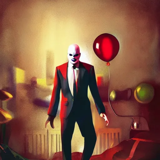 Image similar to portrait of agent 4 7 as a clown, colorful, circus background, cinematic, dramatic light, high detail, inside a messy room, masterpiece, art by jisu choe