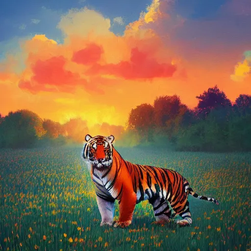 Image similar to a tiger watching a sunset, surreal photography, flower field, beautiful sunset on a summer day light, impressionist painting, colorful clouds, blue sky, digital painting, artstation, simon stalenhag