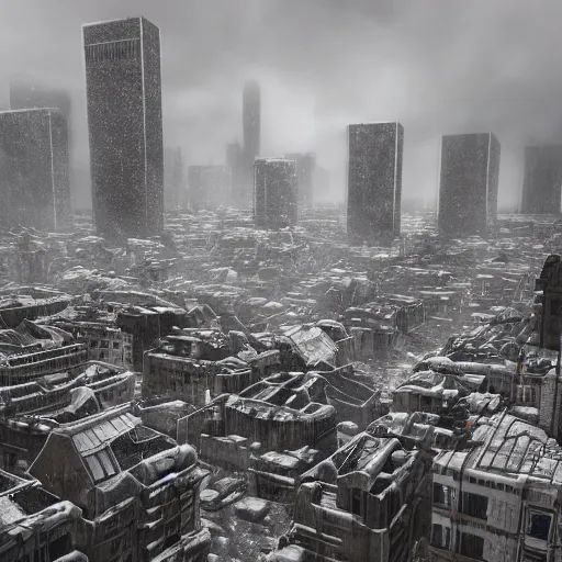 Image similar to apocalyptic city, buildings covered in shiny white liquid