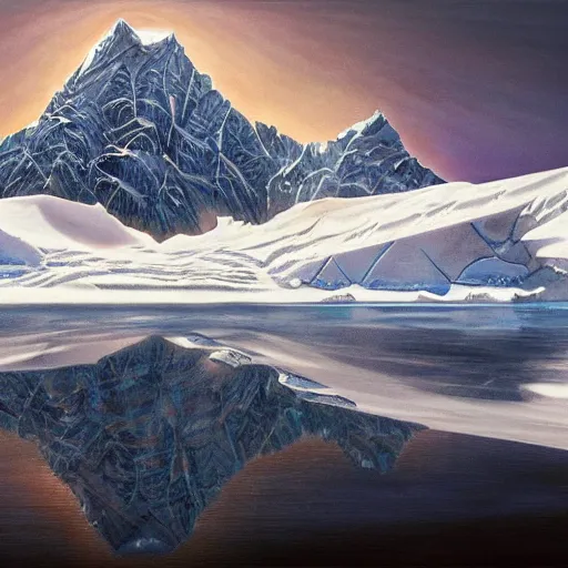 Image similar to mysteries of Antarctica glacial cult mountain god, realistic fantasy, oil painting, extremely high detail, photorealistic, cinematic lighting, oil painting, intricate line drawings, 4k resolution