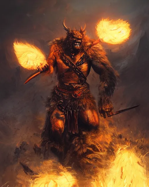 Image similar to oil painting of Angry Berserker, wearing fur armor, claws, sharp focus, attack pose, fantasy style, octane render, volumetric lighting, 8k high definition, by greg rutkowski, highly detailed, trending on art Station, magic the gathering artwork, burning Battlefield background, centered