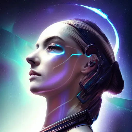 Image similar to celestial female machine, facial portrait, retro-futuristic, legendary epic shot, 90s make-up, galaxy space hunter, cyber implants, wires, low angle, dawn, by artgerm, julie bell, beeple and Greg Rutkowski, airbrush, science fantasy, 90s, concept art, realistic matte painting, Smooth gradients, octane render, 8k, High contrast, duo tone, depth of field, volumetric lightning, very coherent, symmetrical, skin pore detail