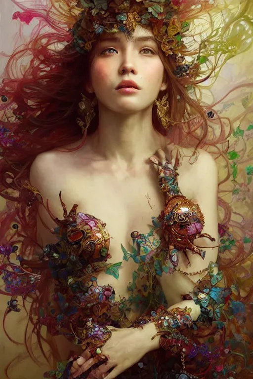 Prompt: a beautiful girl in intricate detailed color oilpaint, 3 d render, hyper realistic detailed portrait, big flocking color leaves, ornate leaves, elegant, intense colors, ruan jia, wlop. scifi, fantasy, hyper detailed, octane render, concept art, by peter mohrbacher, by alphonse mucha, by wlop, by ruan jia