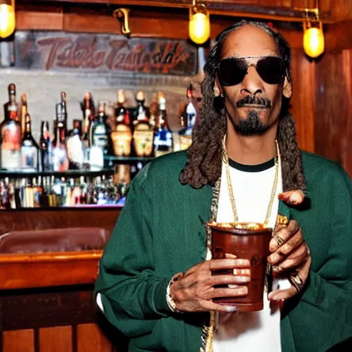 Prompt: snoop dogg at trader vic's bar holding a tiki mug with his face on it