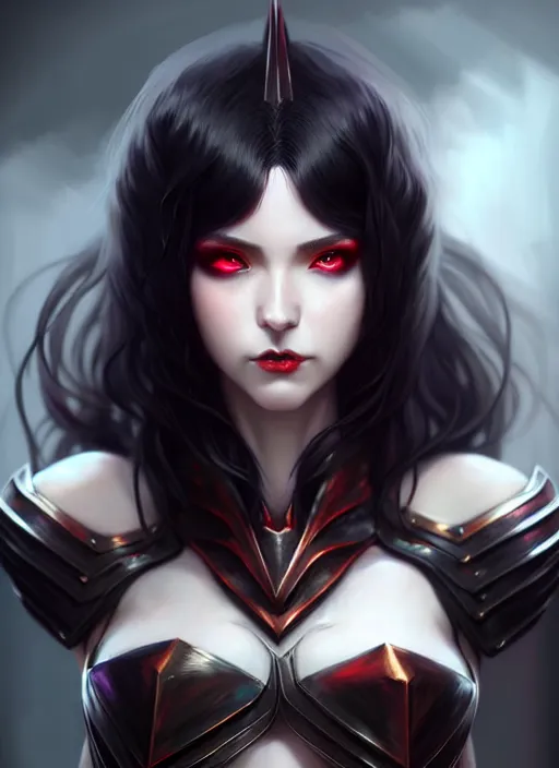 Image similar to full plate armor!!! beautiful and elegant dark hair female vampire!! gorgeous ayes!! character concept art, sharp focus, octane render! unreal engine 5! highly rendered!! trending on artstation!! detailed linework!! illustration by artgerm, wlop, and chie yoshii